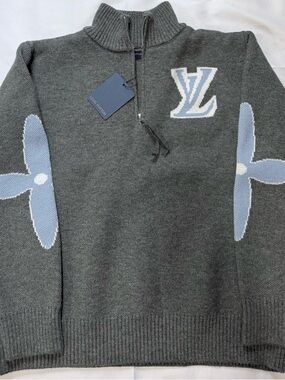 Louis Vuitton Men's Charcoal Gray Half-Zip Sweater with Light Blue Accents